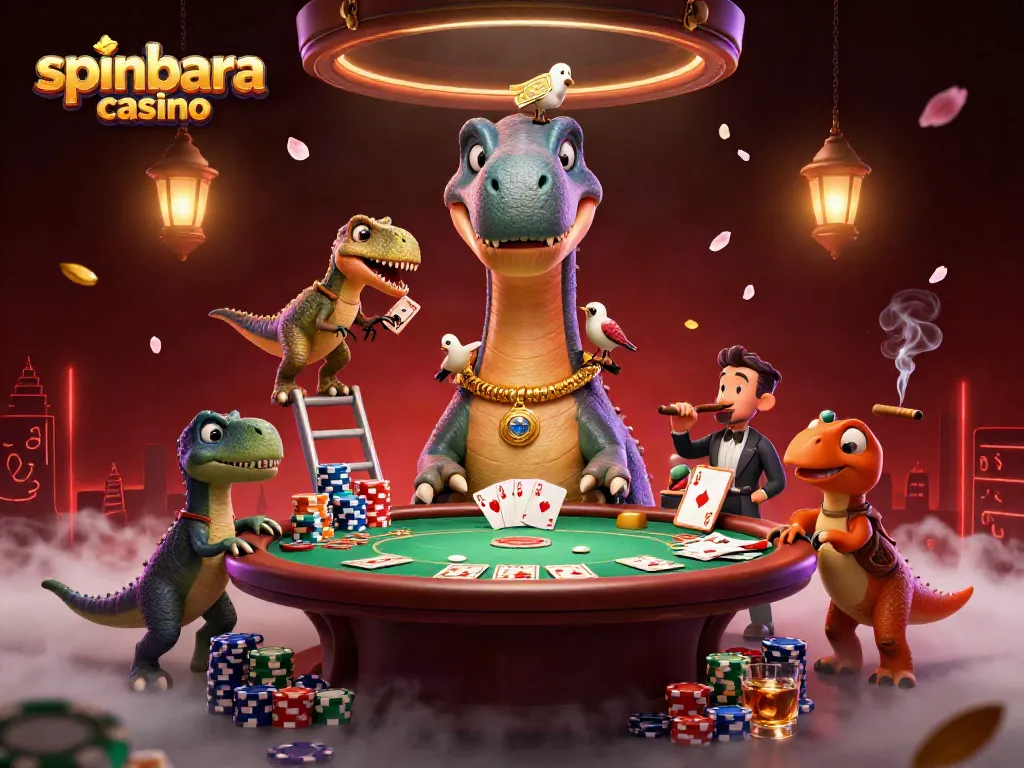 Experience excitement at Spinbara Casino with a playful brontosaurus and raptor dealer.