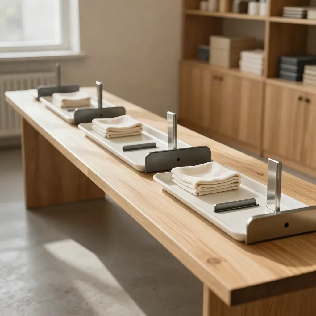 Línea de estaciones de trabajo minimalistas en un entorno luminoso y cálido.