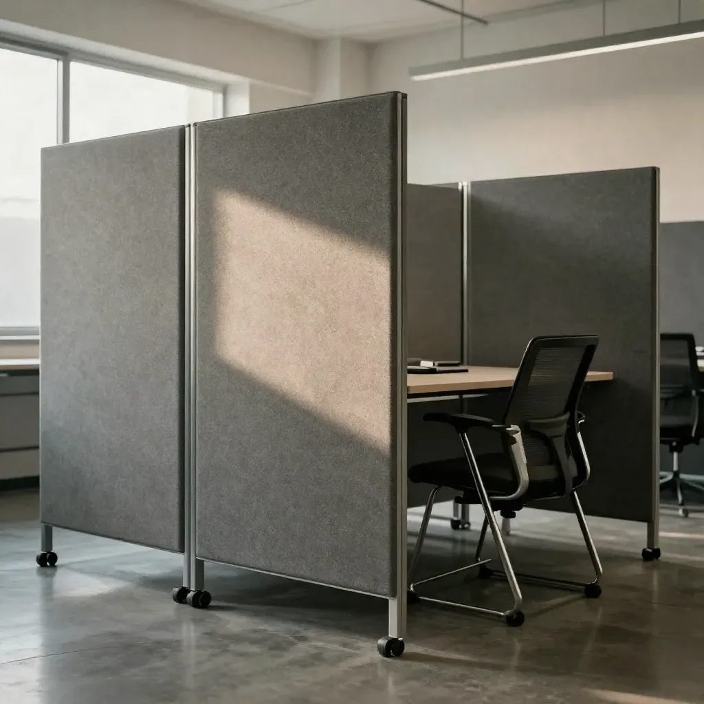 Oficina modular reconfigurada con paneles móviles y sillas apiladas, en luz dramática.
