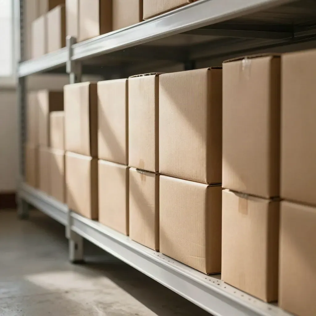Backroom retail con cajas ordenadas y estantes de stock bajo control, en luz cálida natural.