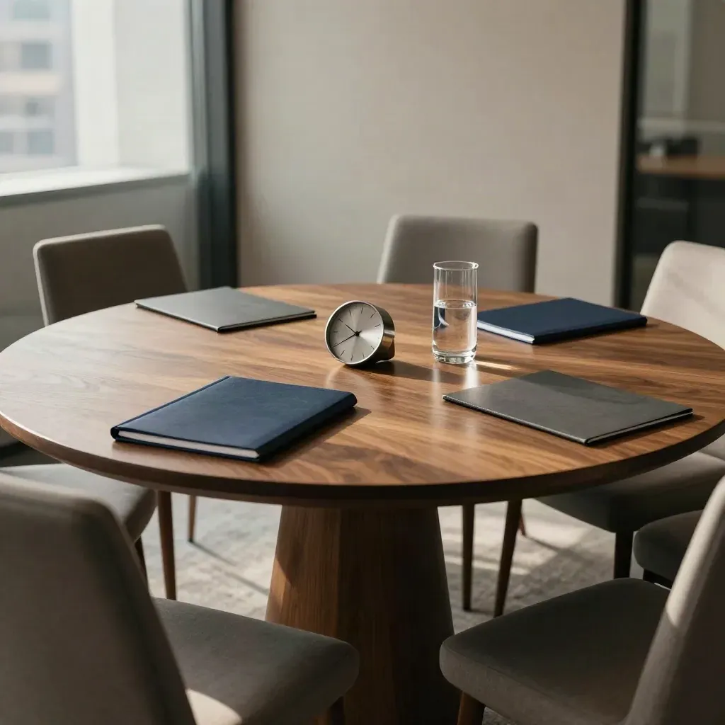 Sala de comité vacía con mesa redonda, carpetas cerradas y reloj discreto tras la reunión.