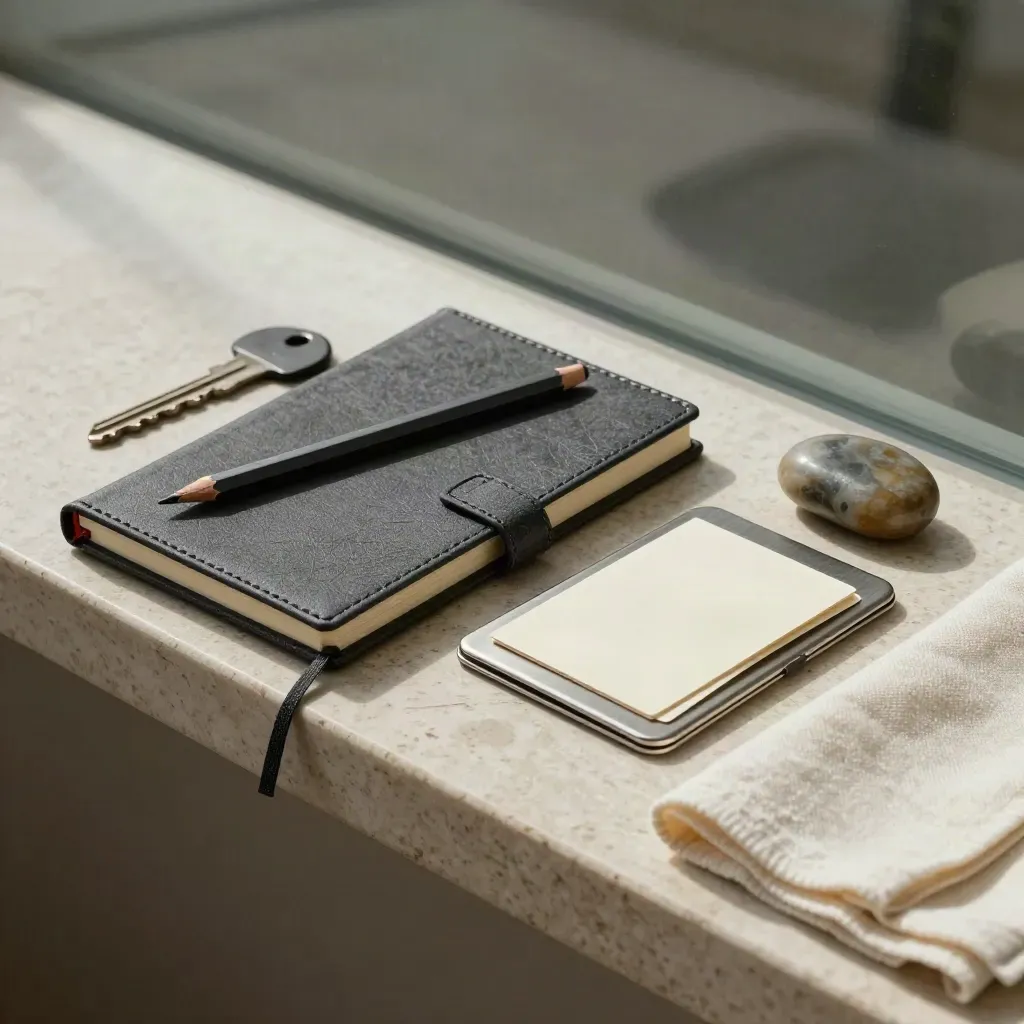 Set de consultoría sobre travertino con cuaderno, lápiz, tarjetero y piedra papel.
