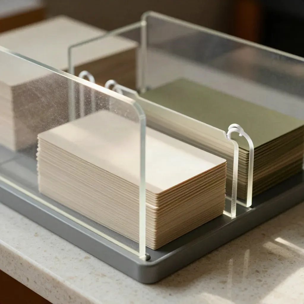 Separadores transparentes y bandejas modulares en una superficie de travertino.