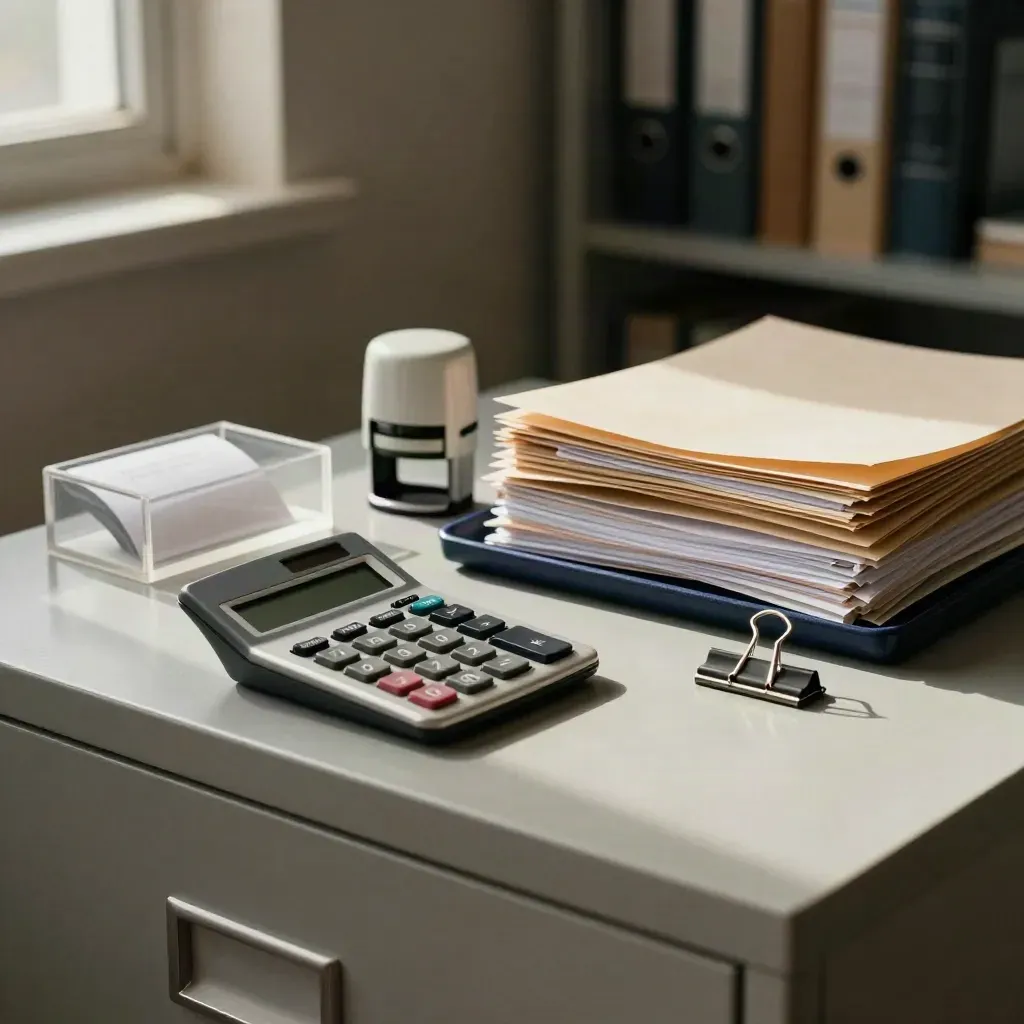 Herramientas administrativas en una oficina en penumbra, con calculadora, sello y bandejas de archivo.