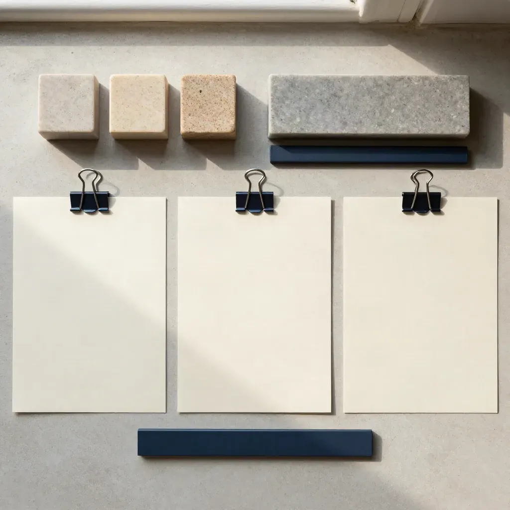 Tarjetas en blanco sujetas con pinzas y bloques de calendario sobre hormigón claro.