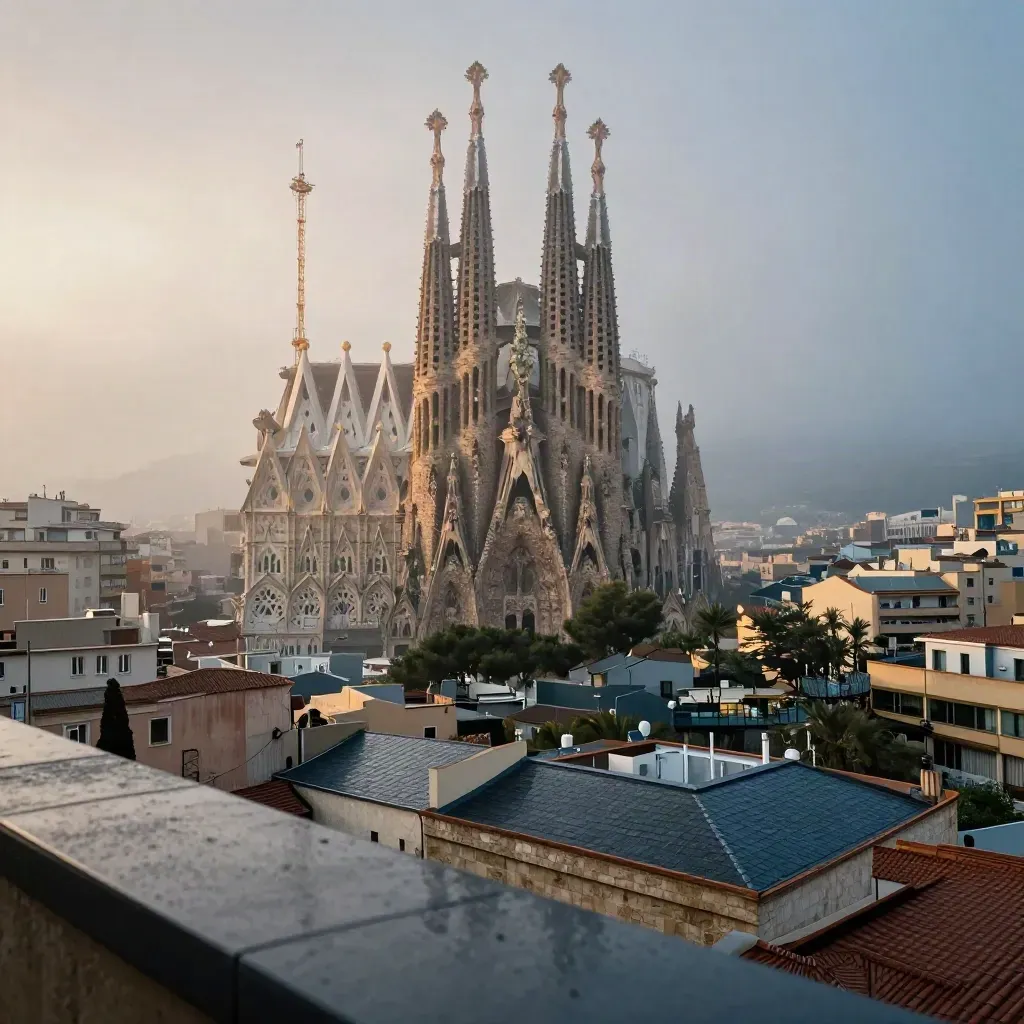 Barcelona vista desde Montjuïc con la Sagrada Família en bruma azul y terrazas mojadas al amanecer