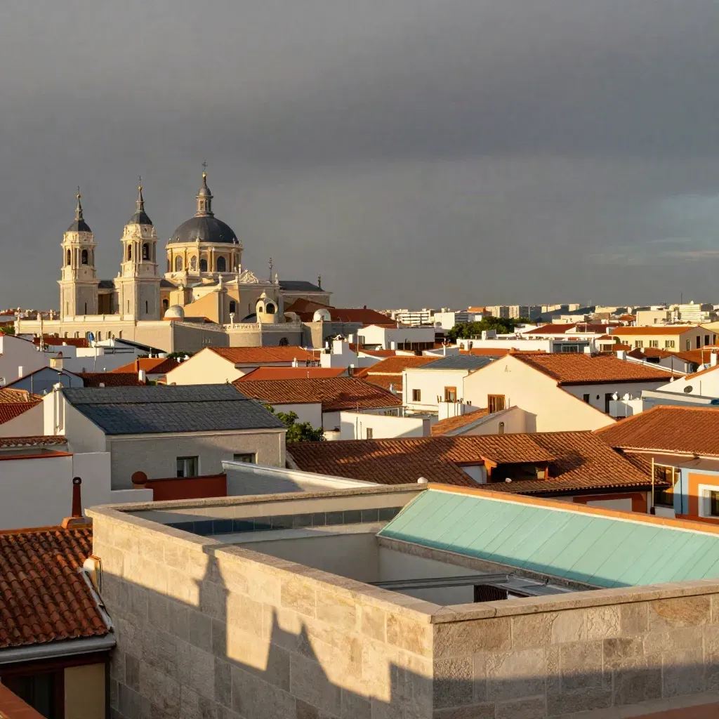 Madrid desde una azotea alta con torres y cúpulas doradas tras la tormenta.