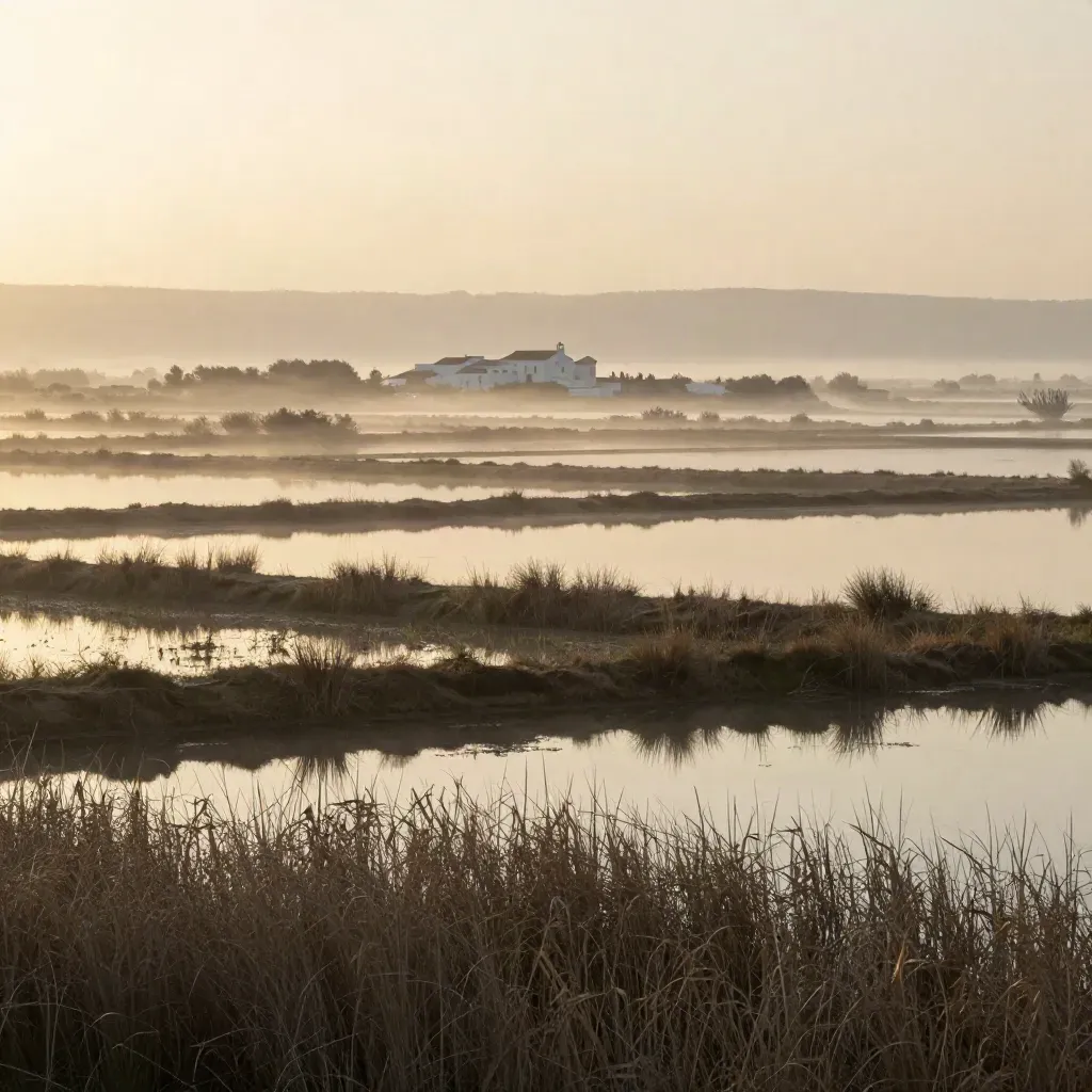 Alba sobre la Albufera con arrozales quietos y bruma suave en Valencia