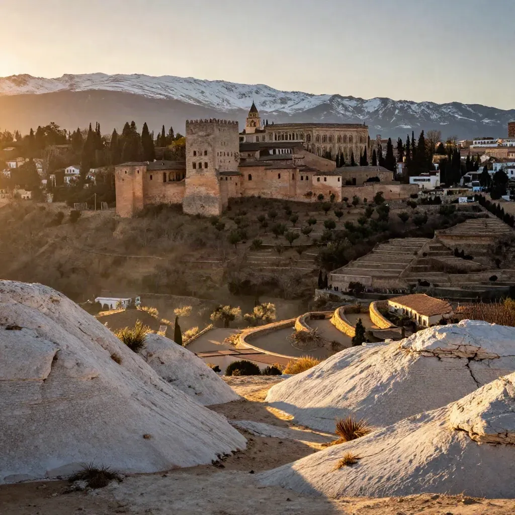 Paisaje de Andalucía al atardecer con la Alhambra y Sierra Nevada entre bruma dorada.