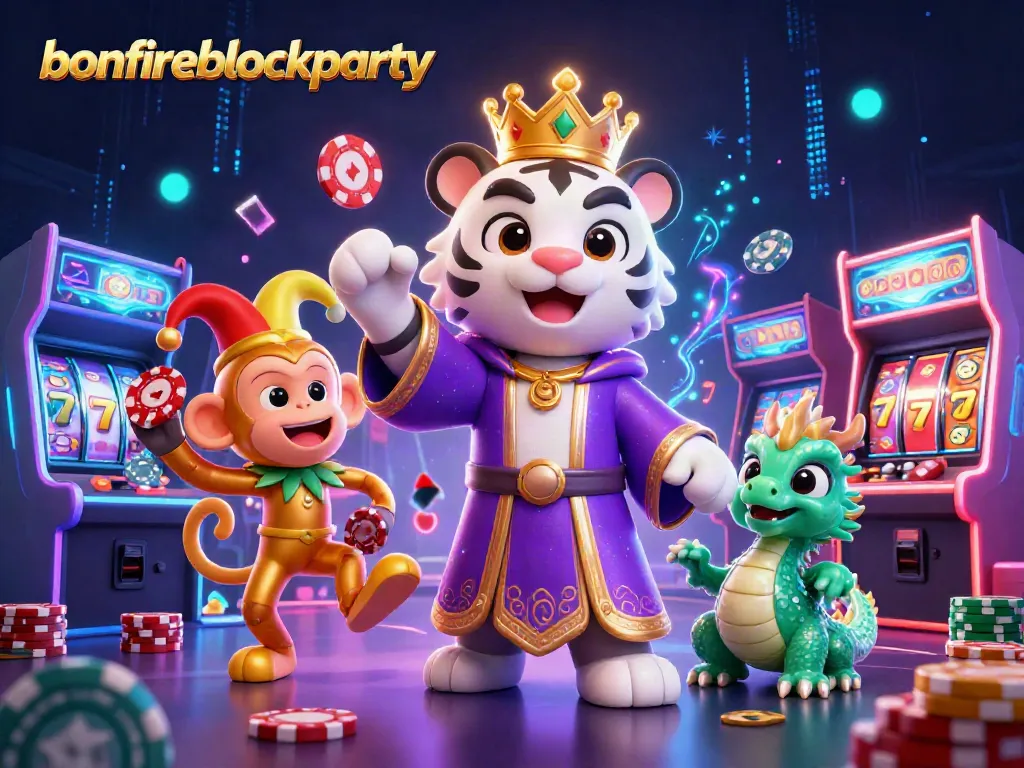 Engage in the bonfireblockparty with lively characters and casino elements in a vibrant digital graphic.